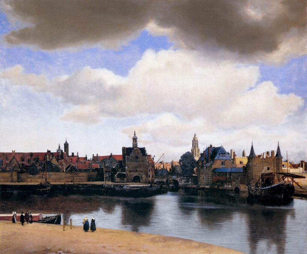 Johannes Vermeer’s View of Delft, showcasing the granular texture and painterly alchemy that reflects the Court Master Carving philosophy.
