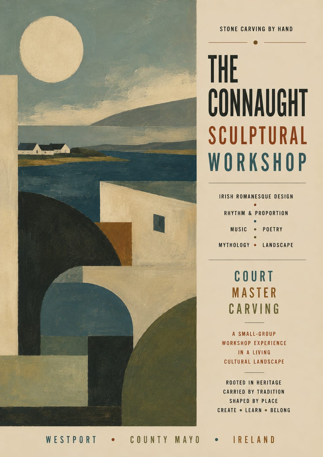 Modernist-style poster for the Connaught Sculptural Workshop by Court Master Carving featuring the Atlantic landscape of County Mayo, Irish Romanesque forms, and traditional stone carving culture in western Ireland.