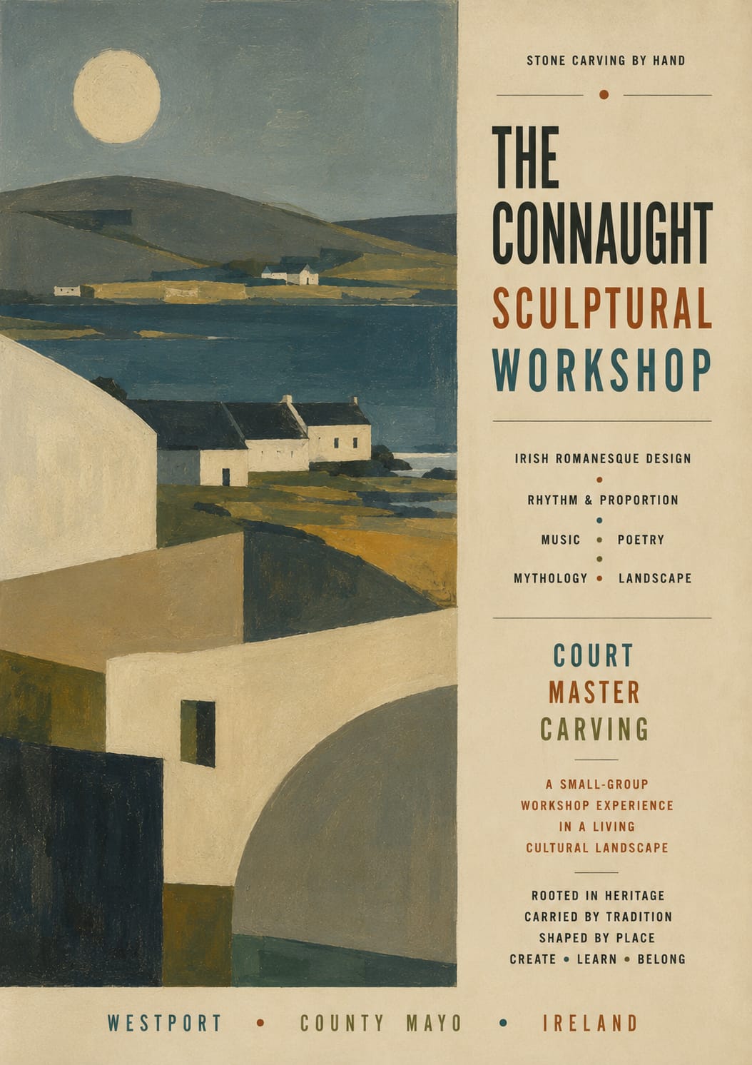 Poster for the Connaught Sculptural Workshop by Court Master Carving featuring the Atlantic landscape of County Mayo, traditional Irish coastal architecture, and Irish Romanesque stone carving traditions in western Ireland.