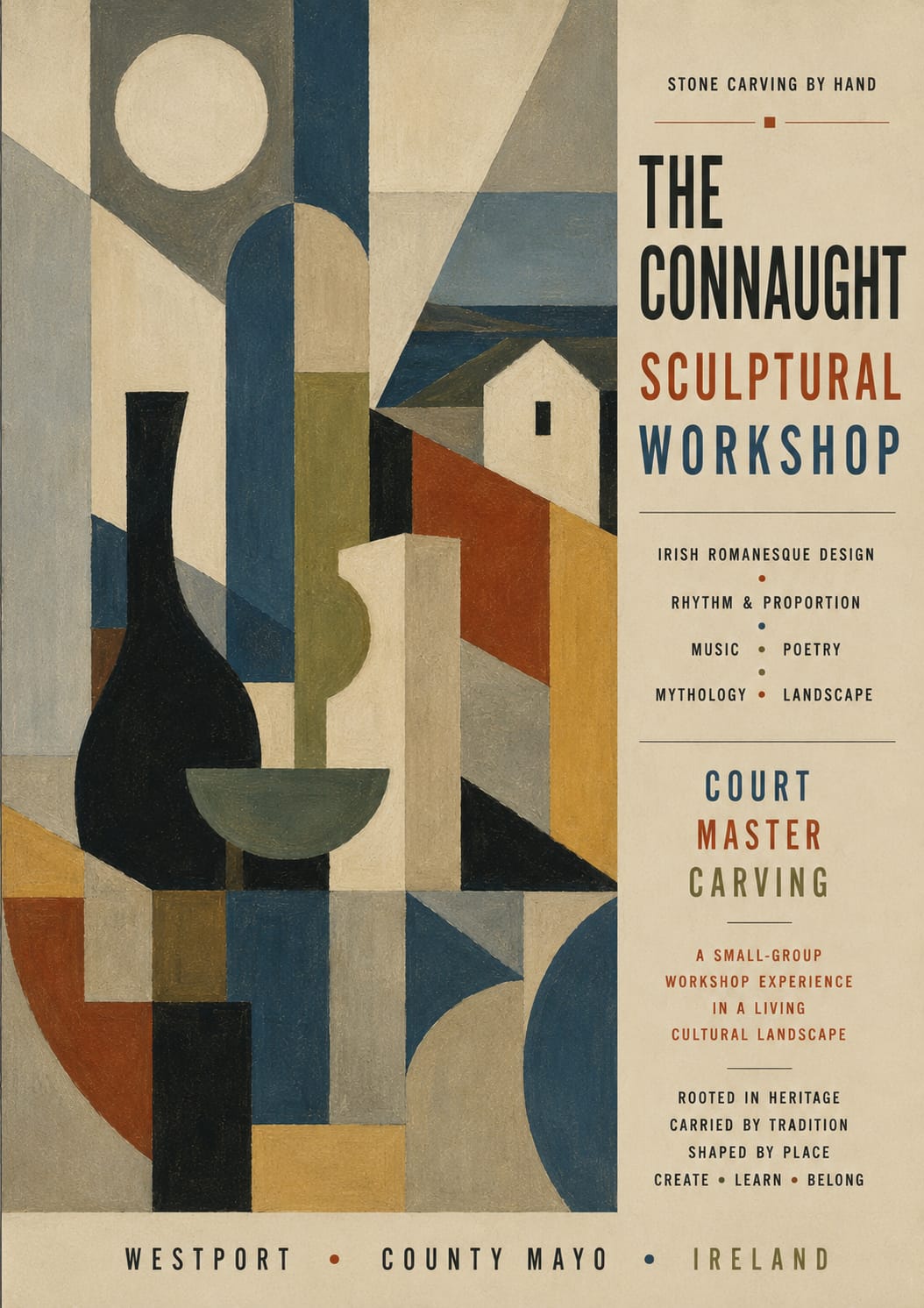 Modernist-inspired poster for the Connaught Sculptural Workshop by Court Master Carving featuring abstract Irish architectural forms, Atlantic landscape geometry, and traditional stone carving culture in County Mayo, Ireland.