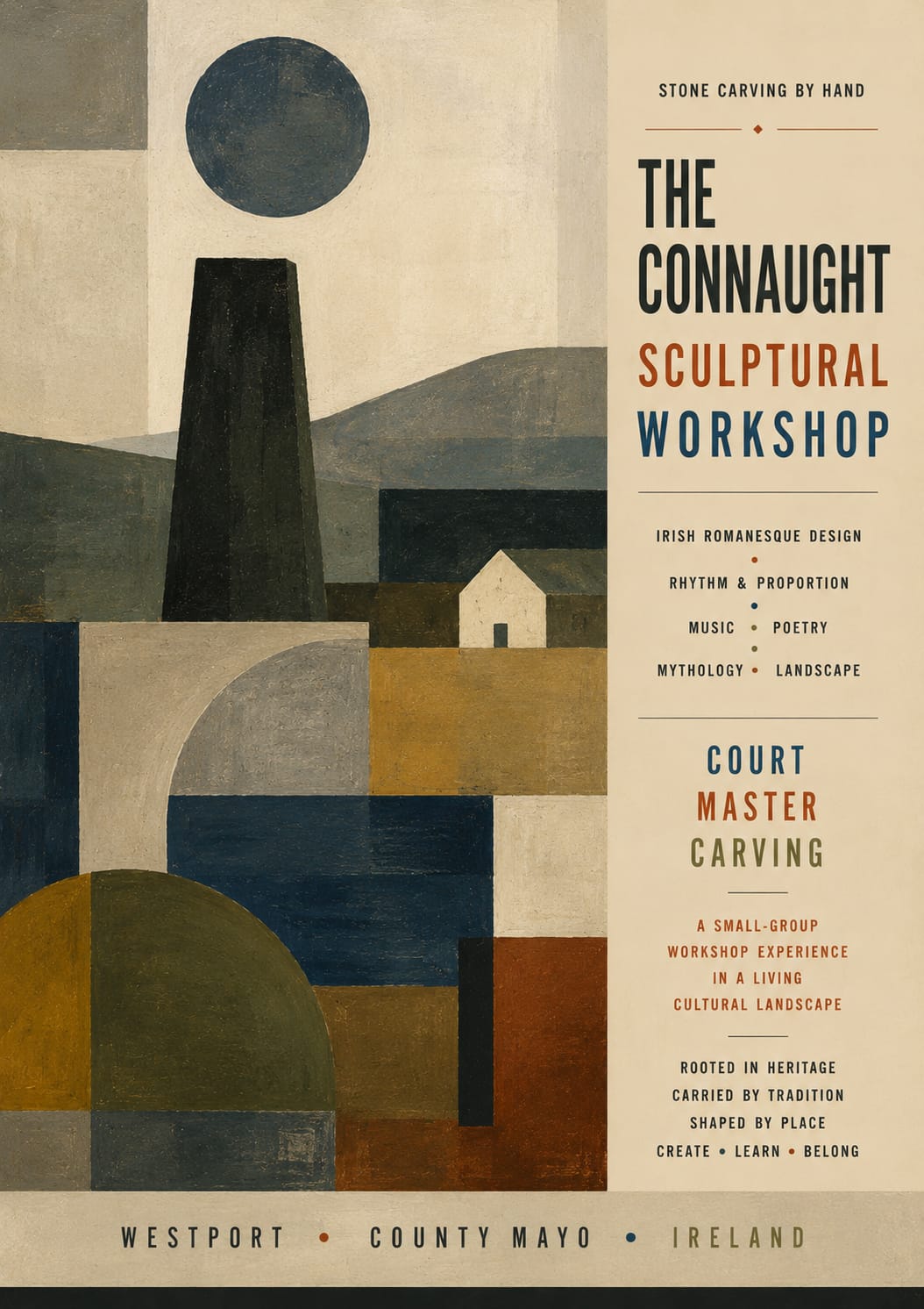 Abstract modernist poster for the Connaught Sculptural Workshop by Court Master Carving featuring geometric Irish architectural forms, Atlantic landscape shapes, and traditional stone carving culture in County Mayo, Ireland.