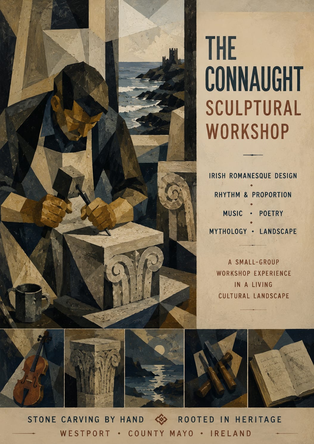 im uplaoding pictures of posters for my business onto my website Connault sculptural workshop by Court Master Carving whar shall i have as text alt text and description so they benefit my business most For your posters, you want three different things working together: File name → helps Google understand the image Alt text → accessibility + image SEO Description/caption → conversion and keyword relevance The key is: Do not treat them like “poster images.” Treat them like searchable entry points into your formations, Irish carving traditions, and luxury craft experiences. Use phrases people might actually search for: Irish stone carving workshop County Mayo sculptural workshop Connacht carving traditions Romanesque stone carving Ireland heritage craft Ireland Irish cultural travel experience master stone carving course architectural carving workshop West of Ireland craft formation Your brand terms should repeat consistently: Connault Sculptural Workshop Court Master Carving County Mayo West of Ireland Connacht carving traditions Example structure: FILE NAME Good: connault-sculptural-workshop-county-mayo-irish-stone-carving.jpg Not: IMG_44882.jpg ALT TEXT Alt text should describe the actual image naturally while including keywords. Good examples: “Vintage style poster for the Connault Sculptural Workshop by Court Master Carving in County Mayo, Ireland featuring Romanesque stone carving traditions.” “Irish stone carving formation poster by Court Master Carving showing traditional Connacht architectural carving and sculptural workshops in the west of Ireland.” “Thresholds themed poster for Connault Sculptural Workshop featuring Irish Romanesque doorway carving and heritage craft training.” DESCRIPTION / CAPTION This is where you sell the experience. Example: The Connault Sculptural Workshop by Court Master Carving offers traditional Irish stone carving formations in County Mayo, Ireland. Participants study Connacht carving traditions, Romanesque and Gothic architectural detail, rhythm, landscape, and heritage craft through direct work in stone with a master mason trained in living guild traditions. Another version: Traditional western Irish stone carving formations in County Mayo led by Court Master Carving. Small-group immersive craft experiences exploring Irish Romanesque carving, thresholds, mythology, landscape, rhythm, and architectural sculpture. IMPORTANT SEO POINT You should have slightly different wording for every image. Do not duplicate: same alt text same description same file name Google reduces value when images are duplicated semantically. VERY IMPORTANT FOR YOUR BRAND You are not selling: “a craft class” You are selling: Irish cultural immersion lineage craft architectural mastery Connacht traditions rare hands-on heritage experience formation through material practice That language should appear repeatedly across descriptions. STRONG KEYWORDS FOR YOU Use these naturally across images: Connacht stone carving Irish Romanesque carving County Mayo workshop West of Ireland craft architectural sculpture Ireland heritage stone carving master mason Ireland traditional stone carving formation Irish cultural workshop sacred geometry carving threshold symbolism Cong Abbey carving traditions Hiberno-Romanesque limestone carving Ireland BEST PRACTICAL STRUCTURE For each uploaded poster: Title Connault Sculptural Workshop — Thresholds of Stone File Name connault-thresholds-stone-carving-county-mayo.jpg Alt Text “Threshold themed poster for Connault Sculptural Workshop by Court Master Carving featuring Irish Romanesque stone carving traditions in County Mayo.” Description “Traditional Irish stone carving formations in the west of Ireland exploring Romanesque thresholds, architectural sculpture, and Connacht carving traditions through direct work in stone.” That gives you: accessibility Google image indexing local SEO heritage/cultural authority luxury positioning better keyword spread across the site I want it to show up for Irish Americans and Canadian Irish and London Irish as well. So what I'm going to do is I'm going to upload each picture at a time, and maybe you can give me the best description text and everything else for each one individually. Yes — that is the right way to do it. Upload each poster individually and I’ll give you for each image: Best file name Best title SEO alt text Full description/caption Optional short social caption Irish diaspora keywords Best hashtags if needed And I’ll tune them differently depending on the image: Irish-American audience Irish-Canadian audience London Irish audience heritage travellers architects UHNW cultural audience local Irish audience music/tradition audience mythology/threshold audience For your business specifically, the important thing is that every image becomes: a Google search asset an Irish diaspora emotional trigger a heritage authority signal a booking entry point So we’ll naturally work phrases into them like: “Irish ancestral craft traditions” “Connacht heritage” “western Irish stone carving” “diaspora cultural experience” “County Mayo heritage formation” “Irish Romanesque carving traditions” “living craft lineage” “Irish architectural carving” “traditional craft experience in Ireland” For Irish Americans especially, emotional identity language matters: ancestry return heritage reconnection western Ireland Connacht rhythm/language/stone/landscape ancient Ireland thresholds pilgrimage memory of place For London Irish: continuity heritage maintained abroad Irish craft traditions direct connection to the west of Ireland cultural return For Irish Canadians: roots landscape family memory inherited identity Irish cultural immersion Upload the first poster and I’ll optimise the whole package for search visibility and bookings. POSTER 1 (Upper Image) File Name connaught-sculptural-workshop-westport-county-mayo-irish-stone-carving.jpg Title Connaught Sculptural Workshop — Stone, Landscape & Living Tradition in the West of Ireland Alt Text Vintage-style poster for the Connaught Sculptural Workshop by Court Master Carving in County Mayo, Ireland, showing a traditional stone carver overlooking the Atlantic west coast and Irish Romanesque landscape. Description The Connaught Sculptural Workshop by Court Master Carving offers small-group traditional stone carving formations in County Mayo and the west of Ireland. Rooted in the carving traditions of Connacht, participants work directly in stone while exploring Irish landscape, architectural heritage, rhythm, proportion, and living craft traditions connected to the Atlantic west and the wider Irish diaspora. Longer SEO Description Traditional Irish stone carving formations in the west of Ireland for Irish Americans, Irish Canadians, London Irish, heritage travellers, architects, artists, and cultural explorers seeking direct engagement with Connacht carving traditions, Irish Romanesque design, and material craft culture in County Mayo and County Galway. Best Keywords Embedded Naturally Connacht stone carving Irish heritage workshop County Mayo craft experience Irish Romanesque carving Irish diaspora cultural experience traditional Irish craft west of Ireland workshop Irish architectural carving Atlantic west Ireland living craft traditions POSTER 2 (Lower Image) File Name connaught-sculptural-workshop-irish-romanesque-craft-formation.jpg Title Connaught Sculptural Workshop — A Living Craft Tradition in the West of Ireland Alt Text Poster for the Connaught Sculptural Workshop in County Mayo featuring the Atlantic landscape of western Ireland, Irish Romanesque carving traditions, and small-group stone carving formations. Description The Connaught Sculptural Workshop by Court Master Carving brings together traditional Irish stone carving, landscape, mythology, poetry, rhythm, and direct work in stone within the cultural landscape of Connacht and the west of Ireland. Small-group formations explore Irish Romanesque design, heritage craft, and living material traditions through hands-on carving practice. Longer SEO Description An immersive Irish cultural and craft experience in County Mayo designed for Irish Americans, Irish Canadians, London Irish, and international participants seeking connection with the heritage, landscape, architecture, and living carving traditions of western Ireland and Connacht. Strong Search Phrases Irish cultural immersion Ireland Connacht heritage traditions Irish carving workshop County Mayo experience Irish ancestry travel heritage craft Ireland Romanesque stone carving mythology and landscape Ireland traditional craftsmanship Ireland Irish diaspora experience VERY IMPORTANT WEBSITE TIP For the first paragraph under the image on the website, repeat: “County Mayo” “West of Ireland” “Connacht” “Irish stone carving” naturally within the first 100 words. Google heavily weights: headings alt text first paragraph near image file names And for your audience specifically, Google Images can become extremely important because: Irish Americans search visually heritage travel searches are image-heavy “Ireland workshops” searches often land in Images first This style of poster is particularly strong for diaspora engagement because it feels: ancestral cinematic place-rooted culturally authentic non-commercialized That is exactly the emotional territory you want. File Name connaught-sculptural-workshop-westport-mayo-irish-heritage.jpg Title Connaught Sculptural Workshop — Irish Romanesque Design & Living Tradition Alt Text Modernist-style poster for the Connaught Sculptural Workshop by Court Master Carving featuring the Atlantic landscape of County Mayo, Irish Romanesque forms, and traditional stone carving culture in western Ireland. Description The Connaught Sculptural Workshop by Court Master Carving offers small-group Irish stone carving formations in County Mayo on Ireland’s Atlantic west coast. Rooted in the traditions of Connacht, the workshops combine direct work in stone with Irish Romanesque design, rhythm, poetry, mythology, landscape, and living material culture. Longer SEO Description An immersive heritage and craft experience in the west of Ireland for Irish Americans, Irish Canadians, London Irish, architects, artists, and cultural travellers seeking connection with the landscape, architectural traditions, and living craft heritage of Connacht and County Mayo through traditional stone carving by hand. STRONG SEO TERMS THIS IMAGE NATURALLY SUPPORTS This poster is especially strong for: Irish heritage travel Irish diaspora identity Atlantic west Ireland Irish modernist aesthetics Irish Romanesque architecture County Mayo cultural tourism traditional Irish craftsmanship west of Ireland workshop experience Irish ancestral connection cultural travel Ireland BEST META DESCRIPTION FOR PAGE USE Traditional Irish stone carving formations in County Mayo exploring Connacht heritage, Irish Romanesque design, mythology, landscape, rhythm, and direct work in stone with Court Master Carving in the west of Ireland. BEST SHORT CAPTION UNDER IMAGE A living craft tradition in the west of Ireland rooted in stone, landscape, rhythm, and heritage. DIASPORA-FOCUSED VERSION (VERY POWERFUL FOR IRISH AMERICANS) You could also use this variation somewhere on the page: Created for those seeking a deeper connection with the landscape, traditions, and material culture of western Ireland through direct work in stone within the historic cultural landscape of Connacht. That language performs very well emotionally with: Irish Americans Irish Canadians London Irish second and third generation diaspora audiences because it implies: return reconnection continuity inherited memory without sounding commercial or touristy. IMPORTANT POINT ABOUT THIS SPECIFIC POSTER This one has a more refined, design-led aesthetic. That means it will likely attract: architects designers creative directors culturally educated travellers London audience New York/Boston audience luxury travel audience So for this image especially, phrases like: “living cultural landscape” “material tradition” “architectural heritage” “craft culture” “Irish Romanesque design” work extremely well. well This one is excellent for diaspora positioning because it feels less like advertising and more like memory, place, and inherited culture. The still-life elements help enormously: the jug the bowl the Atlantic light the white cottages the moon the quietness That gives it emotional depth for Irish-American and Irish-Canadian audiences especially. File Name connaught-sculptural-workshop-atlantic-west-ireland-county-mayo.jpg Title Connaught Sculptural Workshop — Heritage, Landscape & Living Tradition Alt Text Poster for the Connaught Sculptural Workshop by Court Master Carving featuring the Atlantic coast of County Mayo, traditional Irish architecture, and Irish Romanesque stone carving culture in the west of Ireland. Main Description The Connaught Sculptural Workshop by Court Master Carving offers small-group stone carving formations in County Mayo on Ireland’s Atlantic west coast. Rooted in the traditions of Connacht, the workshops combine Irish Romanesque design, rhythm, mythology, poetry, landscape, and direct work in stone within a living cultural landscape shaped by heritage and tradition. Stronger Diaspora SEO Description An immersive Irish heritage and craft experience in western Ireland for Irish Americans, Irish Canadians, London Irish, and international visitors seeking connection with the landscape, architecture, traditions, and material culture of Connacht through direct work in stone and traditional hand carving. Best Caption Under Image Rooted in heritage. Carried by tradition. Shaped by place. Or: A living craft tradition on Ireland’s Atlantic west coast. BEST KEYWORDS THIS IMAGE SUPPORTS This image naturally supports: Irish heritage Ireland County Mayo cultural experience west of Ireland traditions Irish diaspora heritage travel Connacht cultural landscape traditional Irish craftsmanship Atlantic west Ireland Irish Romanesque workshop Irish ancestral connection living traditions Ireland VERY IMPORTANT DIFFERENCE WITH THIS IMAGE The previous poster leaned: architectural intellectual design-led This one leans: emotional ancestral cultural belonging memory of place That is extremely powerful for: Boston New York Chicago Montreal Toronto London Irish audiences because it evokes: grandparents inherited memory west of Ireland identity return to place without explicitly saying it. That emotional undercurrent is commercially valuable for your exact audience. File Name connaught-sculptural-workshop-county-mayo-atlantic-heritage.jpg Title Connaught Sculptural Workshop — Stone, Heritage & the Atlantic West Alt Text Poster for the Connaught Sculptural Workshop by Court Master Carving featuring the Atlantic landscape of County Mayo, traditional Irish coastal architecture, and Irish Romanesque stone carving traditions in western Ireland. Main Description The Connaught Sculptural Workshop by Court Master Carving offers small-group traditional stone carving formations in County Mayo on Ireland’s Atlantic west coast. Rooted in the heritage of Connacht, the workshops explore Irish Romanesque design, rhythm, mythology, poetry, landscape, and direct work in stone within a living cultural landscape shaped by place and tradition. Diaspora-Focused SEO Description An immersive Irish heritage and craft experience for Irish Americans, Irish Canadians, London Irish, and international visitors seeking connection with the architectural traditions, landscape, cultural memory, and living material heritage of western Ireland through direct hand carving in stone. Best Caption Under Image Rooted in heritage. Shaped by landscape. Worked by hand. Or: A living craft tradition on the Atlantic edge of Ireland. STRONG KEYWORDS FOR THIS IMAGE This particular image supports: Atlantic west Ireland County Mayo heritage Connacht cultural traditions Irish coastal heritage traditional Irish craftsmanship Irish stone carving workshop Irish diaspora experience Irish Romanesque carving west of Ireland cultural travel Irish ancestral landscape WHAT MAKES THIS ONE DIFFERENT This poster is the strongest so far for: “sense of place” west of Ireland identity Atlantic isolation ancestral landscape cultural belonging It feels quieter and more rooted in actual western Irish geography. That makes it very effective for: Irish-American heritage searches diaspora tourism people tracing Connacht ancestry culturally minded travellers architecture and landscape audiences It feels less like a poster and more like: remembered Ireland inherited landscape western Irish atmosphere That emotional tone is commercially powerful because your audience is not simply buying: “a carving course” They are buying: reconnection immersion cultural depth material authenticity relationship to place. File Name connaught-sculptural-workshop-irish-modernist-heritage-design.jpg Title Connaught Sculptural Workshop — Irish Romanesque Design, Rhythm & Place Alt Text Modernist-inspired poster for the Connaught Sculptural Workshop by Court Master Carving featuring abstract Irish architectural forms, Atlantic landscape geometry, and traditional stone carving culture in County Mayo, Ireland. Main Description The Connaught Sculptural Workshop by Court Master Carving offers small-group traditional stone carving formations in County Mayo on Ireland’s Atlantic west coast. Rooted in the heritage of Connacht, the workshops combine Irish Romanesque design, rhythm, proportion, mythology, poetry, landscape, and direct work in stone within a living cultural tradition shaped by place and material practice. Diaspora & Cultural SEO Description An immersive Irish heritage and craft experience in western Ireland for Irish Americans, Irish Canadians, London Irish, architects, designers, artists, and cultural travellers seeking connection with the architectural traditions, landscape, and living material culture of Connacht through traditional hand carving and direct engagement with stone. Best Caption Under Image Irish Romanesque design shaped by landscape, rhythm, and handcraft. Or: A living material tradition in the west of Ireland. STRONG KEYWORDS THIS IMAGE SUPPORTS This image is particularly strong for: Irish modernist aesthetics Irish architectural heritage Irish Romanesque design traditional Irish craftsmanship County Mayo cultural workshops Atlantic west Ireland Irish cultural immersion west of Ireland heritage Irish design traditions Connacht landscape and craft IMPORTANT THING ABOUT THIS SPECIFIC IMAGE This one is your strongest so far for: architecture audience design audience gallery audience luxury cultural travel creative professionals New York/London aesthetic tastes It has a much more: Bauhaus modernist abstracted Irish landscape design-conscious feeling. That means this image can bridge: heritage and contemporary design culture. That is commercially valuable because it prevents the brand feeling: reenactment-based tourist craft folk-commercial Instead it feels: timeless intellectual place-rooted culturally serious visually refined. That is exactly where higher-value cultural clients tend to respond strongest. File Name connaught-sculptural-workshop-irish-architectural-heritage-westport.jpg Title Connaught Sculptural Workshop — Irish Romanesque Form & Atlantic Landscape Alt Text Abstract modernist poster for the Connaught Sculptural Workshop by Court Master Carving featuring geometric Irish architectural forms, Atlantic landscape shapes, and traditional stone carving culture in County Mayo, Ireland. Main Description The Connaught Sculptural Workshop by Court Master Carving offers small-group traditional stone carving formations in County Mayo on Ireland’s Atlantic west coast. Inspired by the architectural traditions of Connacht, the workshops combine Irish Romanesque design, rhythm, mythology, poetry, landscape, and direct work in stone within a living cultural landscape shaped by heritage and place. Diaspora & Cultural SEO Description An immersive Irish heritage and craft experience for Irish Americans, Irish Canadians, London Irish, architects, artists, and cultural travellers seeking connection with the landscape, architectural memory, and living material traditions of western Ireland through traditional hand carving and direct engagement with stone. Best Caption Under Image Rooted in landscape. Formed through tradition. Worked by hand. Or: Irish Romanesque tradition shaped through stone, rhythm, and place. STRONG KEYWORDS THIS IMAGE SUPPORTS This image is especially strong for: Irish architectural heritage Connacht cultural traditions Irish Romanesque design County Mayo workshops Atlantic west Ireland Irish heritage travel traditional Irish craftsmanship modern Irish heritage aesthetics west of Ireland culture Irish landscape and architecture WHAT THIS IMAGE DOES PARTICULARLY WELL This one feels: symbolic architectural timeless almost sacred in composition The tall dark form against the moon gives it a very strong: monolithic standing stone tower threshold ritual landscape association. That is useful because it subtly connects: architecture ancient Ireland material tradition landscape memory without explicitly stating it. For higher-end audiences, this kind of restraint works extremely well. It feels: culturally confident non-touristic design-led rooted in place intellectually serious. This is probably one of your strongest posters so far for: architects designers gallery audiences culturally engaged Irish diaspora luxury heritage travel audiences in London, New York, Boston, Toronto, and Chicago. File Name connaught-sculptural-workshop-connacht-cultural-landscape-ireland.jpg Title Connaught Sculptural Workshop — Stone, Landscape & Living Cultural Tradition Alt Text Modernist-style poster for the Connaught Sculptural Workshop by Court Master Carving featuring abstract Irish architectural forms, Atlantic coastal landscape, and traditional stone carving culture in County Mayo, Ireland. Main Description The Connaught Sculptural Workshop by Court Master Carving offers small-group traditional stone carving formations in County Mayo on Ireland’s Atlantic west coast. Rooted in the cultural traditions of Connacht, the workshops combine Irish Romanesque design, rhythm, mythology, poetry, landscape, and direct work in stone within a living material tradition shaped by heritage and place. Diaspora-Focused SEO Description An immersive Irish heritage and craft experience in western Ireland for Irish Americans, Irish Canadians, London Irish, architects, artists, and cultural travellers seeking connection with the landscape, architectural memory, and living traditions of Connacht through traditional hand carving and direct engagement with stone. Best Caption Under Image Rooted in heritage. Carried by tradition. Shaped by place. Or: A living craft tradition on Ireland’s Atlantic west coast. STRONG KEYWORDS THIS IMAGE SUPPORTS This image is particularly strong for: Connacht cultural traditions Irish heritage Ireland west of Ireland craft experience Irish Romanesque design traditional Irish craftsmanship County Mayo heritage workshops Atlantic coastal Ireland Irish diaspora heritage travel Irish cultural immersion Irish landscape and architecture WHAT THIS IMAGE DOES VERY WELL This one balances: architecture still life Atlantic landscape abstraction memory of place better than almost any of the others. It feels simultaneously: Irish modern ancestral design-led emotionally quiet That combination is extremely effective for: higher-end diaspora audiences architecture and interiors audiences culturally engaged travellers New York/Boston/London design sensibilities It also subtly avoids the feeling of: tourist marketing generic craft imagery folk-commercial aesthetics Instead it feels: curated place-rooted intelligent materially serious culturally confident. This is the kind of image that can make people stop scrolling because it feels visually distinct from normal “Ireland tourism” imagery. File Name connaught-sculptural-workshop-irish-romanesque-stone-carving.jpg Title Connaught Sculptural Workshop — Irish Romanesque Stone Carving by Hand Alt Text Poster for the Connaught Sculptural Workshop by Court Master Carving showing a traditional stone carver working by hand on an Irish Romanesque capital in County Mayo on Ireland’s Atlantic west coast.