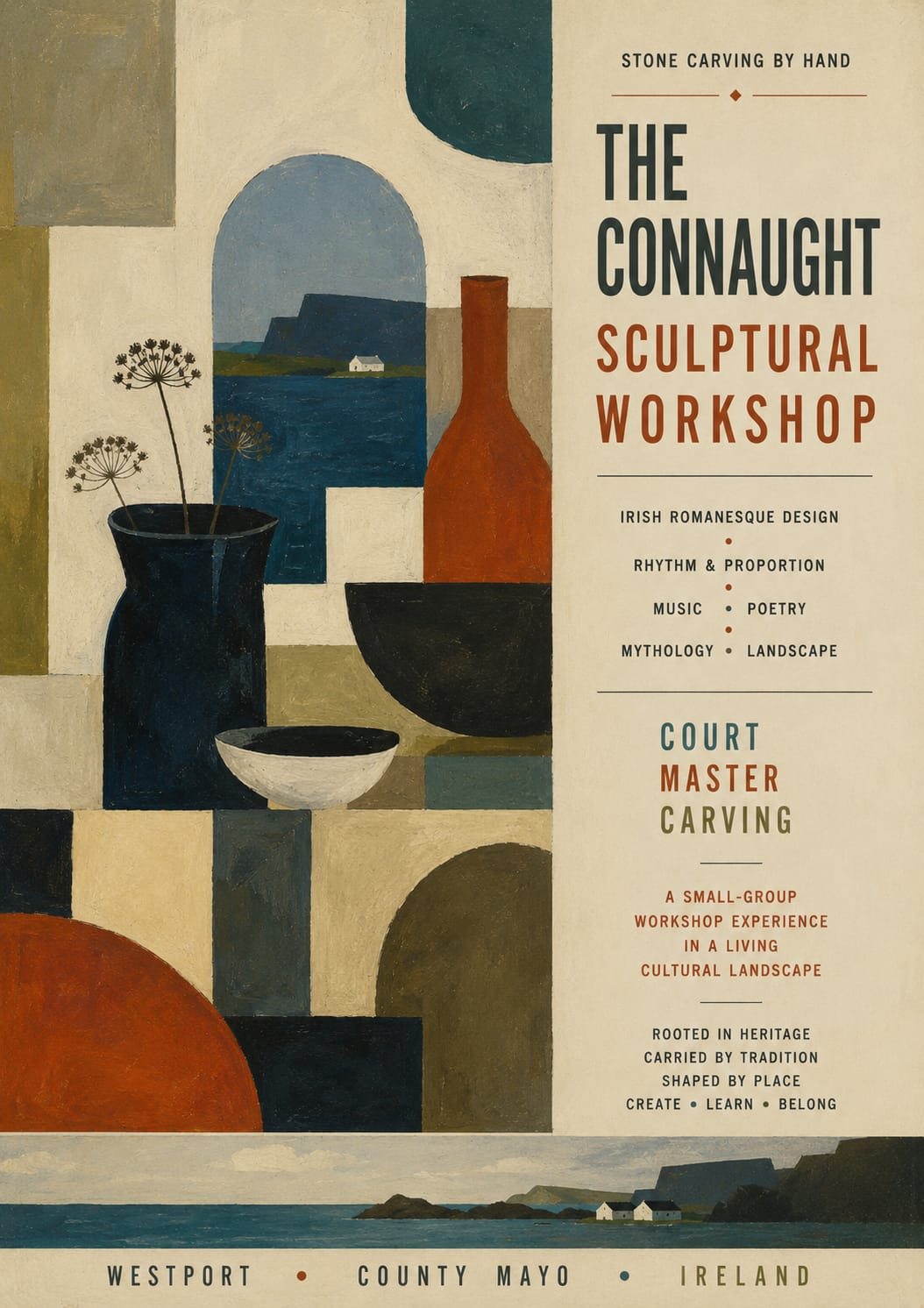 Modernist-style poster for the Connaught Sculptural Workshop by Court Master Carving featuring abstract Irish architectural forms, Atlantic coastal landscape, and traditional stone carving culture in County Mayo, Ireland.