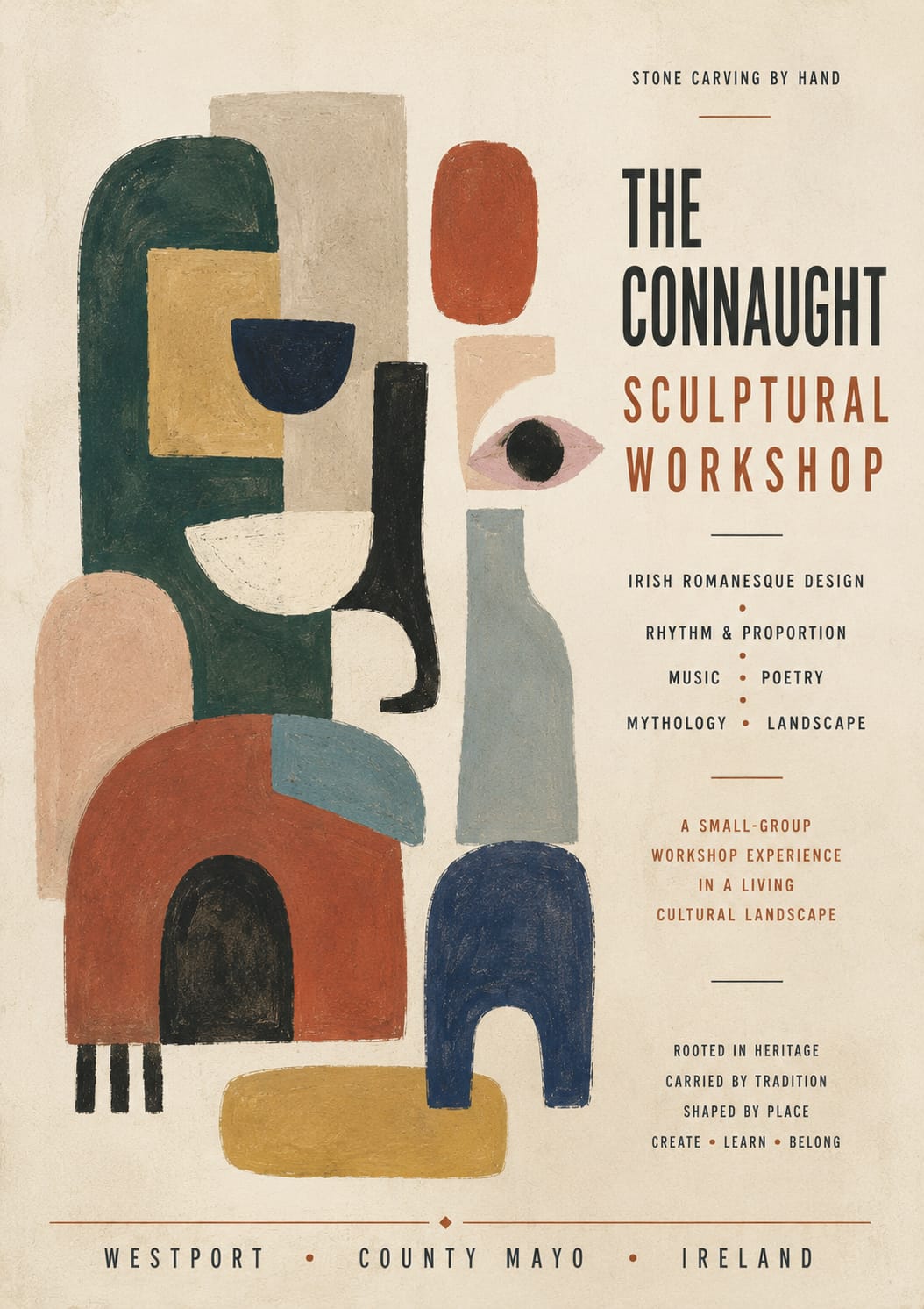 Modernist abstract poster for the Connaught Sculptural Workshop by Court Master Carving featuring symbolic Irish architectural forms, vessels, thresholds, and cultural motifs inspired by the west of Ireland and Irish Romanesque traditions.