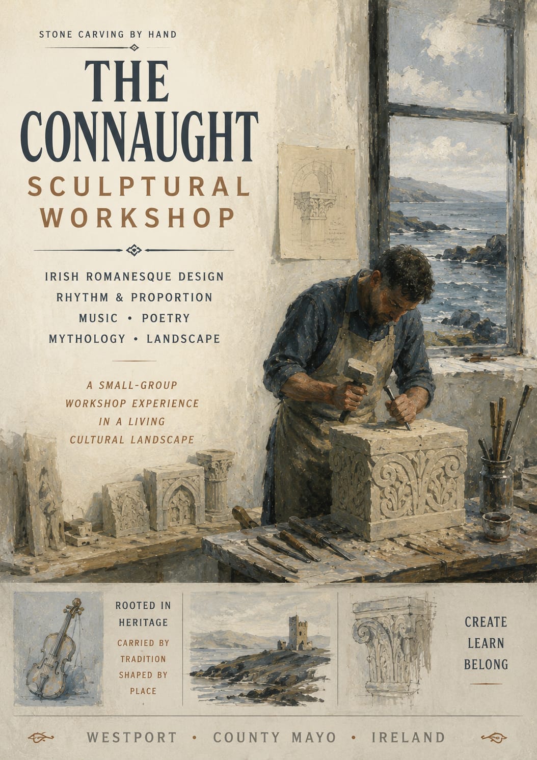 Poster for the Connaught Sculptural Workshop by Court Master Carving showing a master stone carver hand carving an Irish Romanesque capital beside the Atlantic coast in County Mayo, Ireland.