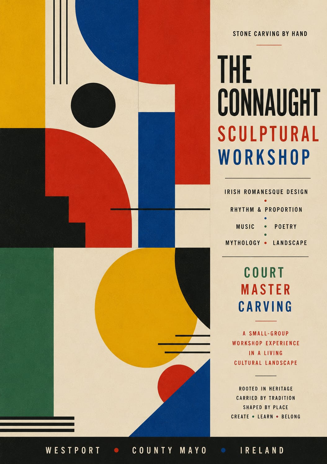 Modernist geometric poster for the Connaught Sculptural Workshop by Court Master Carving featuring abstract Irish architectural forms, rhythm, proportion, and contemporary interpretations of Irish Romanesque design in County Mayo, Ireland.