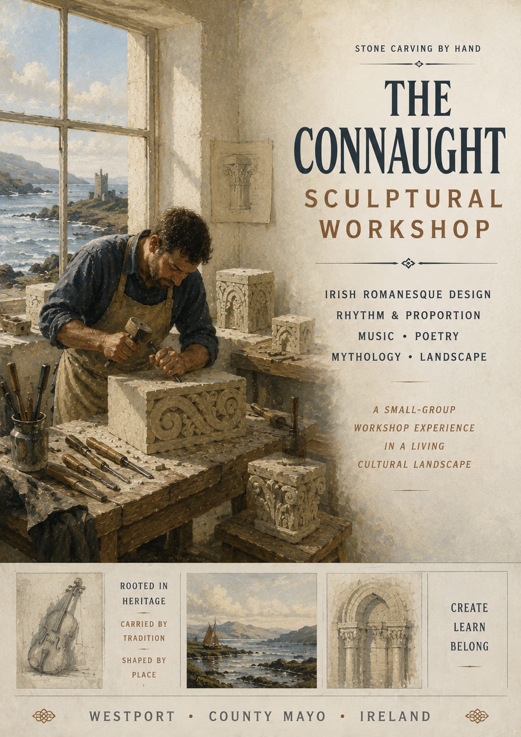 Poster for the Connaught Sculptural Workshop by Court Master Carving showing a master stone carver hand carving Irish Romanesque architectural detail beside the Atlantic coast in County Mayo, Ireland.