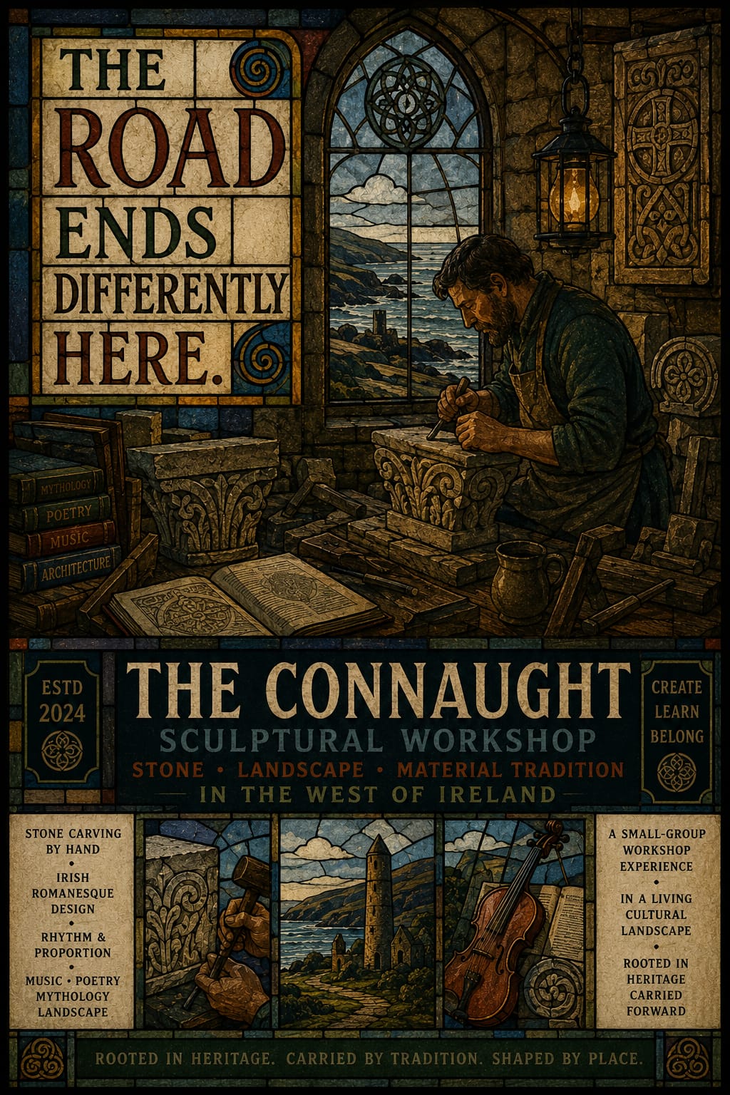 Poster for the Connaught Sculptural Workshop by Court Master Carving showing a master stone carver working beside the Atlantic coast of western Ireland with Irish Romanesque carving, stained-glass-inspired design, music, poetry, and landscape motifs.