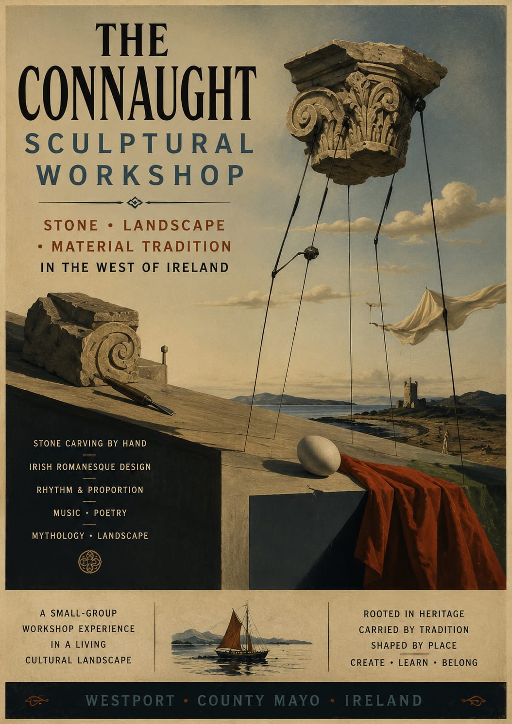 Poster for the Connaught Sculptural Workshop by Court Master Carving featuring an Irish Romanesque carved capital suspended above the Atlantic landscape of County Mayo in western Ireland.