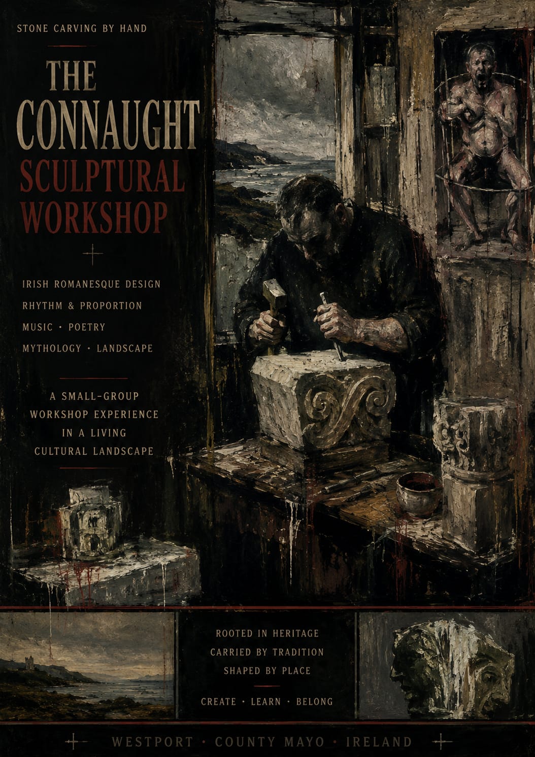 Dark atmospheric poster for the Connaught Sculptural Workshop by Court Master Carving showing a master stone carver working on Irish Romanesque carving beside the Atlantic coast in County Mayo, Ireland.