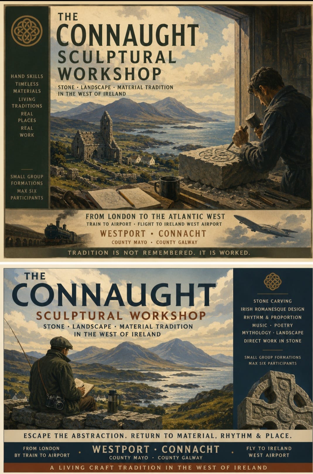 Vintage-style poster for the Connaught Sculptural Workshop by Court Master Carving in County Mayo, Ireland, showing a traditional stone carver overlooking the Atlantic west coast and Irish Romanesque landscape.